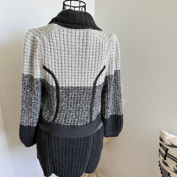 BCBGMAXAZRIA Gray Striped Tie-Waist Shawl Collar Cardigan Sweater- Small - Picture 3 of 8